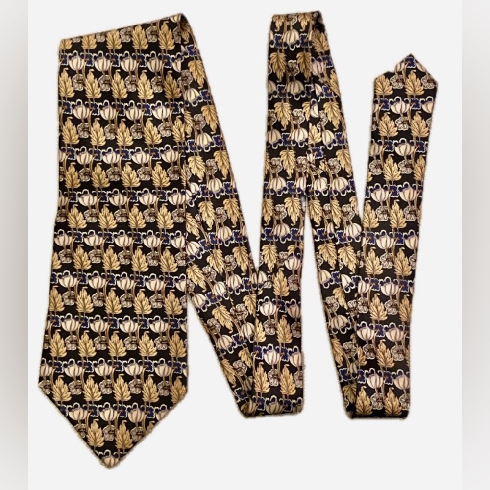 Sazzari silk tie, leaf and flower pattern, gold, blue & black